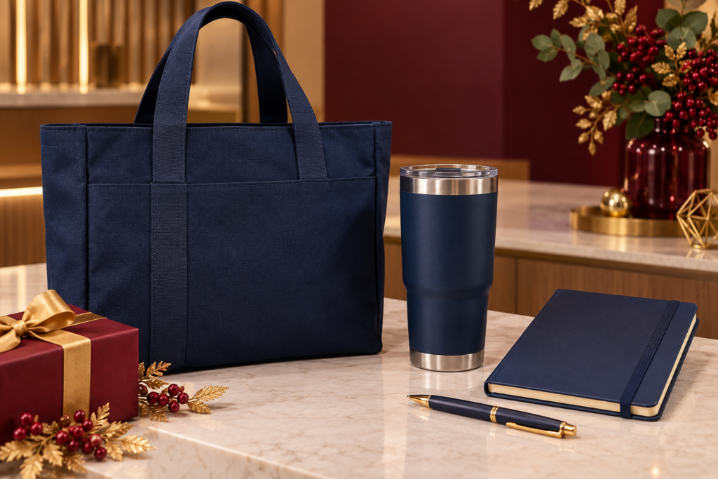 Bolsa, termo, libreta y pluma promocionales dispuestos como un obsequio de Buen Fin para clientes