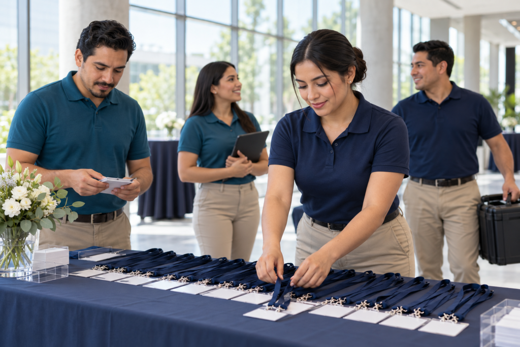 Personal de un evento empresarial usando polos coordinadas mientras prepara la mesa de registro
