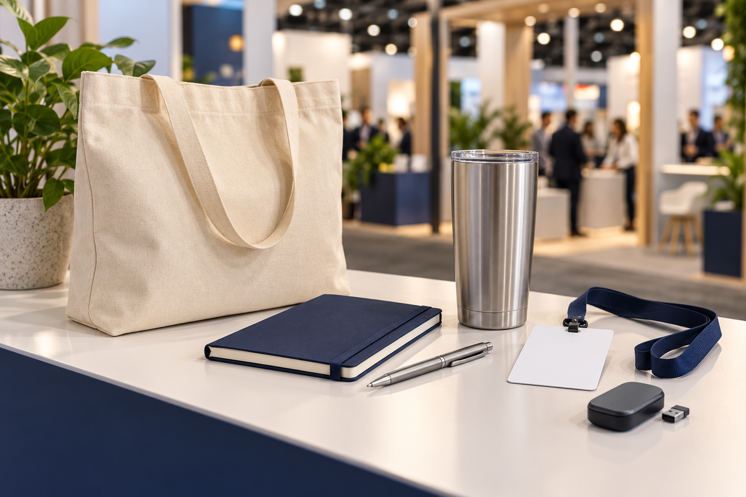 Bolsa reutilizable, libreta, termo, bolígrafo y gafete sobre un mostrador en una expo empresarial