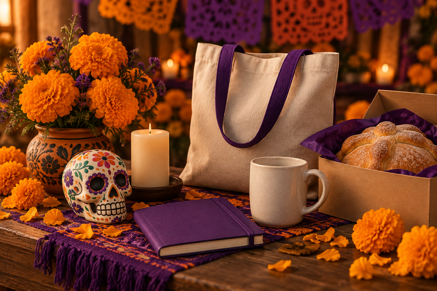 Cempasúchil, vela, calaverita decorativa y regalos empresariales en tonos naranja y morado
