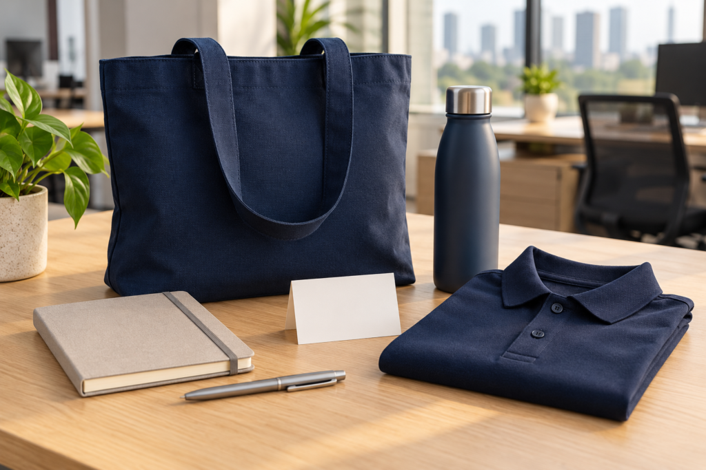 Kit de bienvenida para empleados con bolsa, libreta, pluma, termo y prenda textil sobre un escritorio de oficina